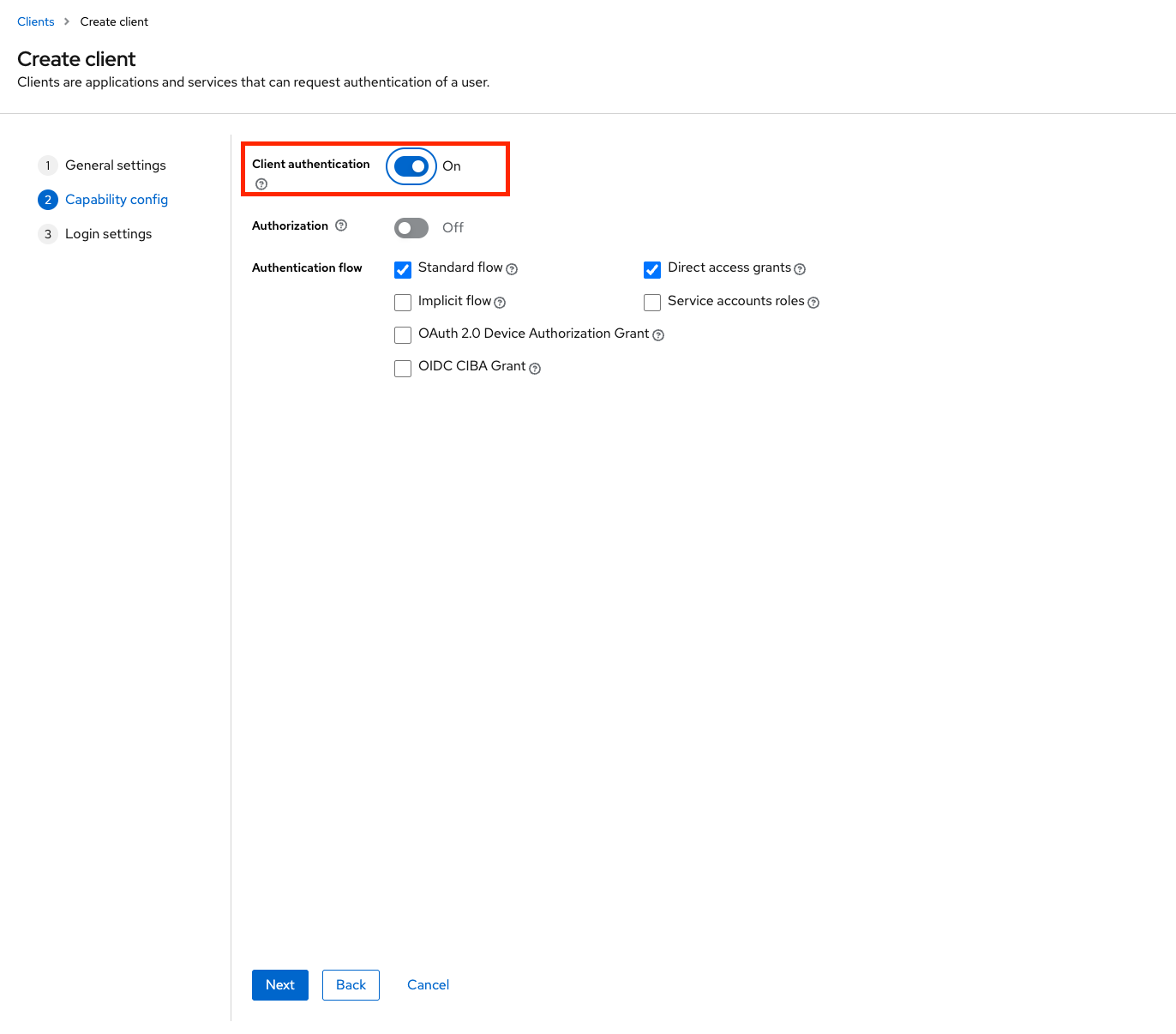 Screenshot of Keycloak's Create Client menu 2, with default settings added.